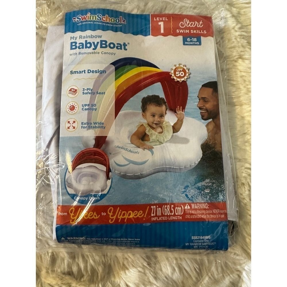 SwimSchool My Rainbow BabyBoat Inflatable Pool Float 6-18 Months UPF‎ 50 Canopy